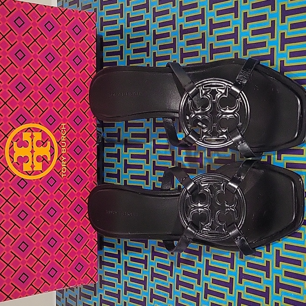 Tory Burch Geo Bombe Miller Leather Black Gold Heeled Sandals- Size 8.5 - Picture 2 of 15